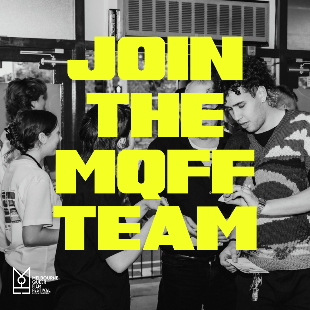 Yellow text reads join the MQFF team. A black and white photograph shows people talking and mingling at an MQFF event.